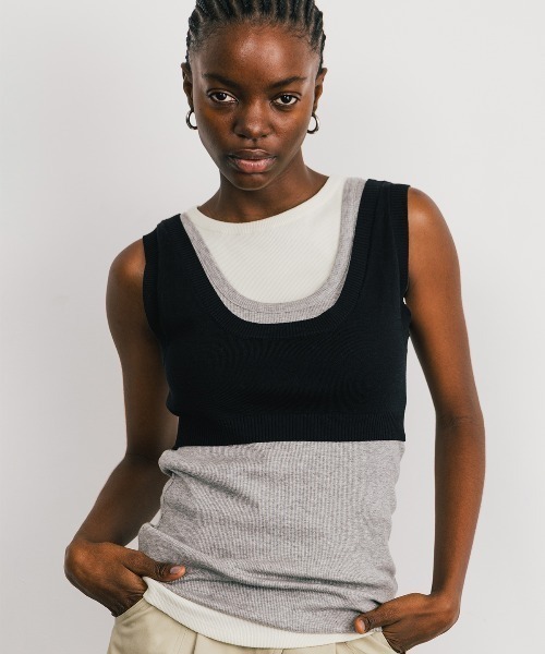 CREDONA（クレドナ）の「KNIT BUSTIER LONG  SHIRTS/ニットビスチェロングシャツ（ニット/セーター・レディース・ブラック/ベージュ/イエロー・FREE）」の13枚目の写真