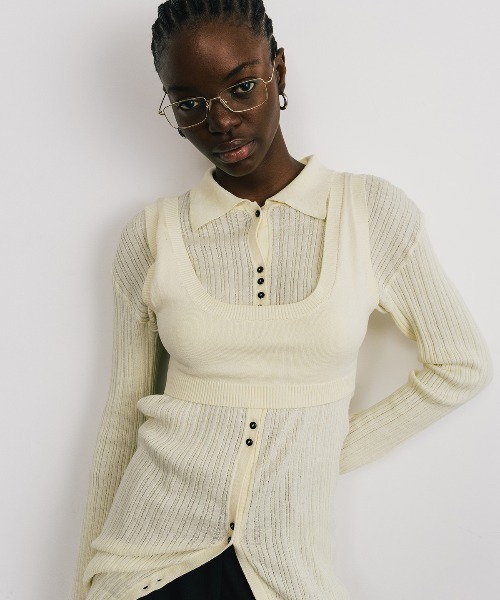 CREDONA（クレドナ）の「KNIT BUSTIER LONG  SHIRTS/ニットビスチェロングシャツ（ニット/セーター・レディース・ブラック/ベージュ/イエロー・FREE）」の5枚目の写真