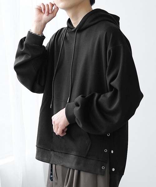 MinoriTY(マイノリティ)の「【MinoriTY】さら艶ポンチ素材オーバーサイズスナップボタンサイドオープンパーカー メンズ プルパーカー プルオーバー 春服(パーカー・メンズ・ブラック/ブルーグリーン・M/S/L)」の9枚目の写真