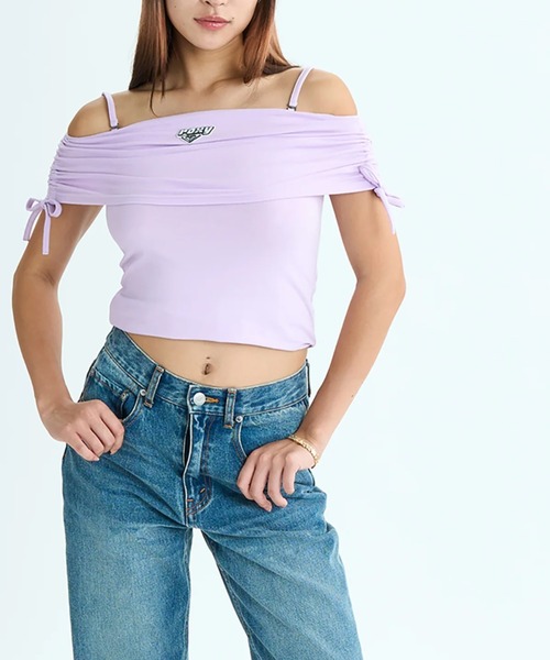 ROXY（ロキシー）の「【ROXY/ロキシー】25SS REWIND/ショート丈(短丈)シャーリングオフショルダートップス（Tシャツ/カットソー・レディース・パープル/ブラック/ホワイト・LARGE/MEDIUM/SMALL）」の3枚目の写真