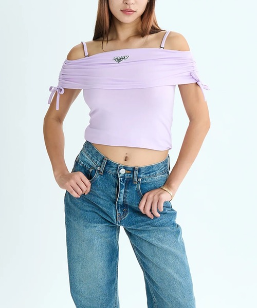 ROXY（ロキシー）の「【ROXY/ロキシー】25SS REWIND/ショート丈(短丈)シャーリングオフショルダートップス（Tシャツ/カットソー・レディース・パープル/ブラック/ホワイト・LARGE/MEDIUM/SMALL）」の18枚目の写真