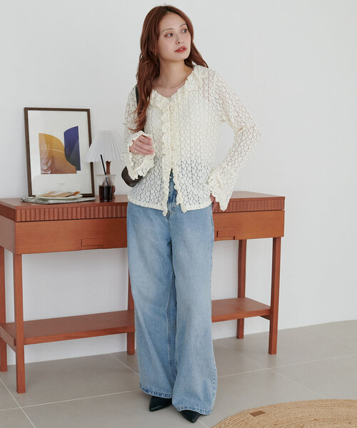 DISCOAT（ディスコート）の「レースフリルカーディガン（カーディガン/ボレロ・レディース・アイボリー/ブラック・FREE）」の7枚目の写真