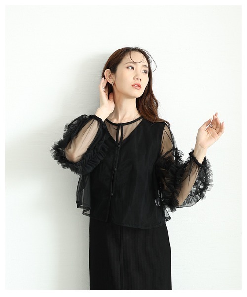 Sawa a la mode(サワアラモード)の「フリルスリーブオーガンジーカーディガン(カーディガン/ボレロ・レディース・ブラック・FREE)」の4枚目の写真