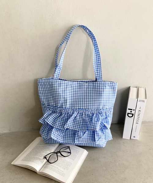 セール】【A4収納可能】ギンガムチェックフリルトート（トート