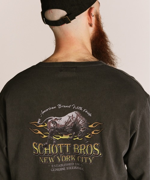 Schott(ショット)の「Schott/ショット/FIRE PTTERN HENLEY LS T-SHIRT/ファイアパターン ヘンリーネック ロンT(Tシャツ/カットソー・メンズ・ブラック/ホワイト/ネイビー・M/L/XL/2XL)」の2枚目の写真