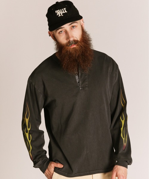 Schott(ショット)の「Schott/ショット/FIRE PTTERN HENLEY LS T-SHIRT/ファイアパターン ヘンリーネック ロンT(Tシャツ/カットソー・メンズ・ブラック/ホワイト/ネイビー・M/L/XL/2XL)」の7枚目の写真