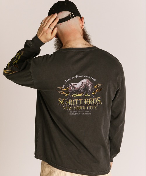 Schott(ショット)の「Schott/ショット/FIRE PTTERN HENLEY LS T-SHIRT/ファイアパターン ヘンリーネック ロンT(Tシャツ/カットソー・メンズ・ブラック/ホワイト/ネイビー・M/L/XL/2XL)」の6枚目の写真