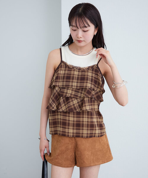 mystic（ミスティック）の「チェックフリルキャミ（キャミソール・レディース・ネイビー/ブラウン・FREE）」の5枚目の写真