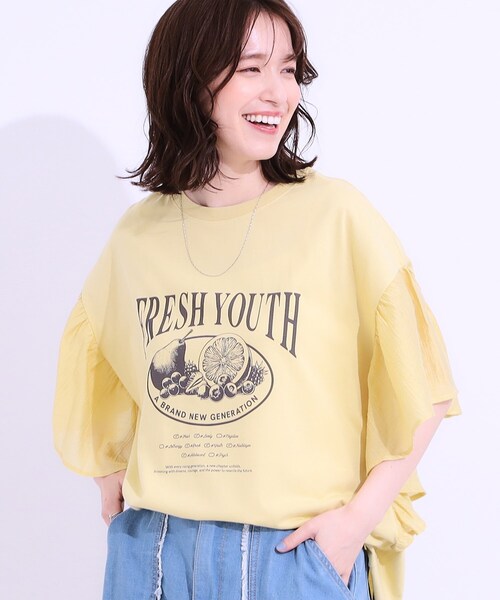Cutie Blonde(キューティーブロンド)の「【S-LL】リメイク風 ポンチョデザインTシャツ(Tシャツ/カットソー・レディース・ライトイエロー系/チャコールグレー/ライトグレー/オフホワイト・01/04/03/02)」の4枚目の写真