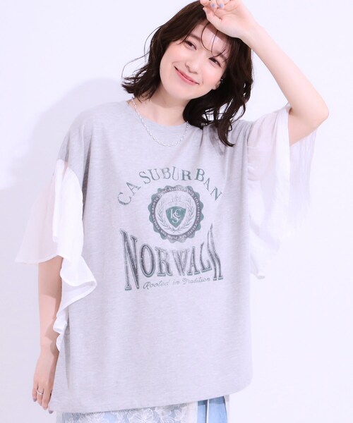 Cutie Blonde(キューティーブロンド)の「【S-LL】リメイク風 ポンチョデザインTシャツ(Tシャツ/カットソー・レディース・ライトイエロー系/チャコールグレー/ライトグレー/オフホワイト・01/04/03/02)」の3枚目の写真