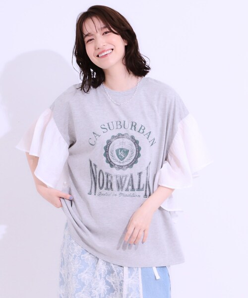 Cutie Blonde(キューティーブロンド)の「【S-LL】リメイク風 ポンチョデザインTシャツ(Tシャツ/カットソー・レディース・ライトイエロー系/チャコールグレー/ライトグレー/オフホワイト・01/04/03/02)」の5枚目の写真