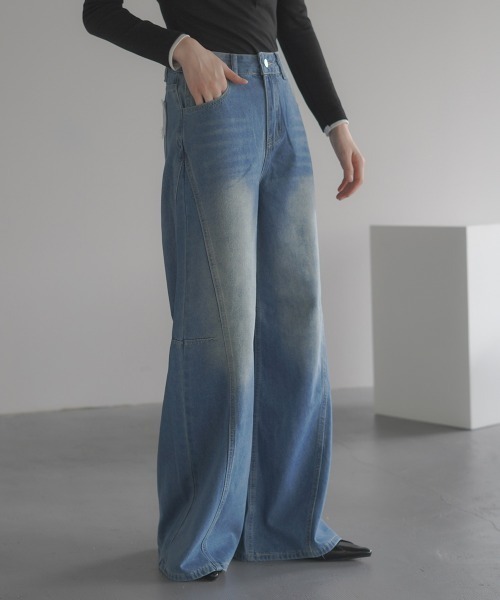 セール】Back fake pocket lace wide flare denim pants / バック