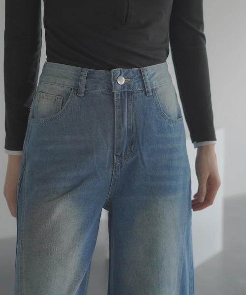 セール】Back fake pocket lace wide flare denim pants / バック