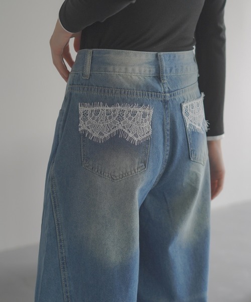 セール】Back fake pocket lace wide flare denim pants / バック