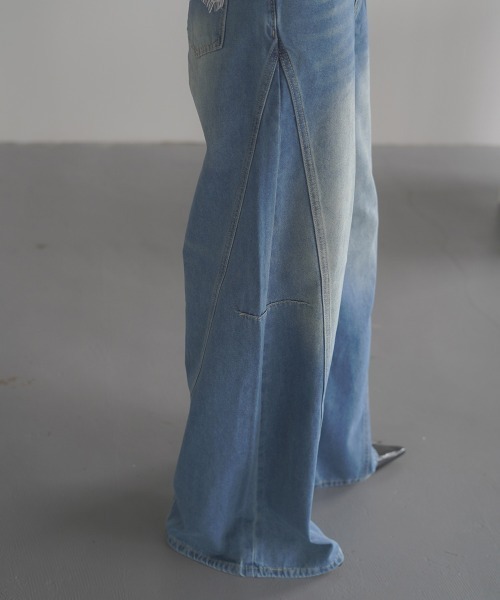 セール】Back fake pocket lace wide flare denim pants / バック