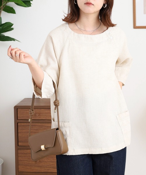 ブラウス シャツ to touch コットンリネン ワッフル プルオーバー レディース セール】to touch コットンリネン ワッフル プルオーバー