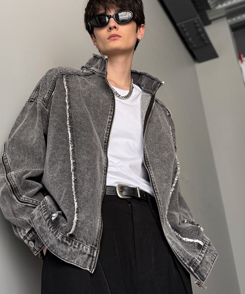 セール】綿100%ヴィンテージ加工フリンジデニムジャケット/100% cotton