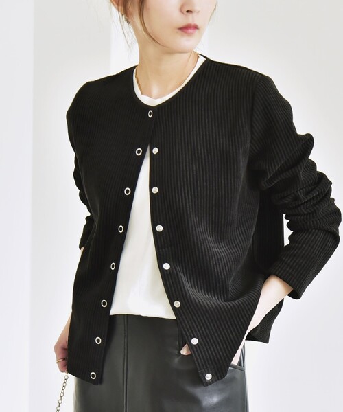 カランシエル（quaranciel）/quaranciel:〈洗濯機可能〉ポリエステル ベロア リブ コンパクト スナップ カーディガン セール】quaranciel:〈洗濯機可能〉ポリエステル ベロア リブ