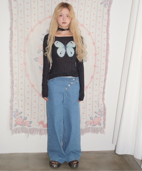 musubore(ムスボレ)の「tilted clash straight denim pants / ティルティッドクラッシュデニムパンツ(デニムパンツ・レディース・ブルー/ブラック・0/1)」の1枚目の写真