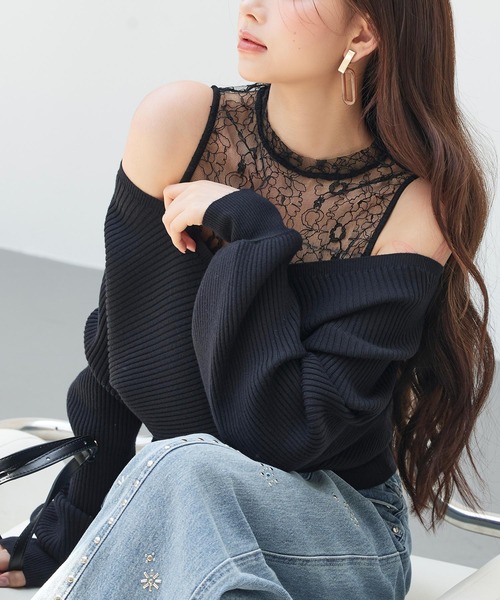 SAISON DE PAPILLON(セゾンドパピヨン)の「レースドッキングカシュクールニットプルオーバー(ニット/セーター・レディース・ブラック/アイボリー・L/M)」の21枚目の写真