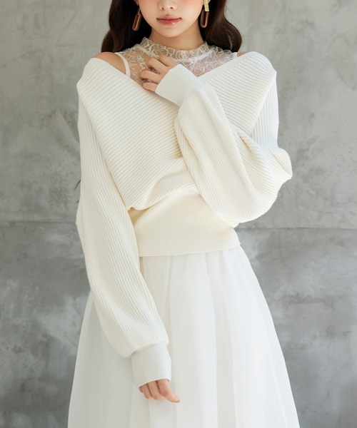SAISON DE PAPILLON(セゾンドパピヨン)の「レースドッキングカシュクールニットプルオーバー(ニット/セーター・レディース・ブラック/アイボリー・L/M)」の6枚目の写真