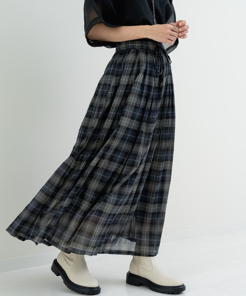 refinedworks(リファインドワークス)の「【refinedworks】軽やか素材のチェック柄スカート(スカート・レディース・イエロー/グリーン/グレー・FREE)」の5枚目の写真