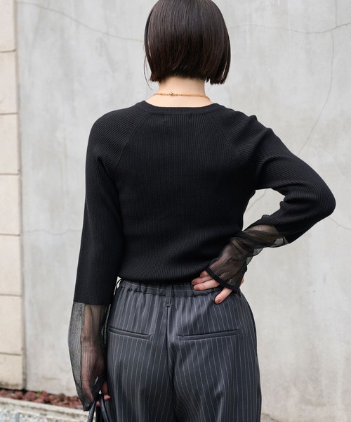 マシンウォッシャブル/アンチピリング＞袖シアー切替 クルーネック