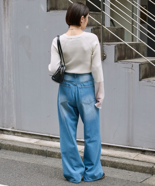 MONO-MART（モノマート）の「＜マシンウォッシャブル/アンチピリング＞袖シアー切替 クルーネックリブニット（ニット/セーター・レディース・ブルー/グレー/オフホワイト/ブラウン/ホワイト系/グレイッシュベージュ/ブラック・FREE）」の8枚目の写真