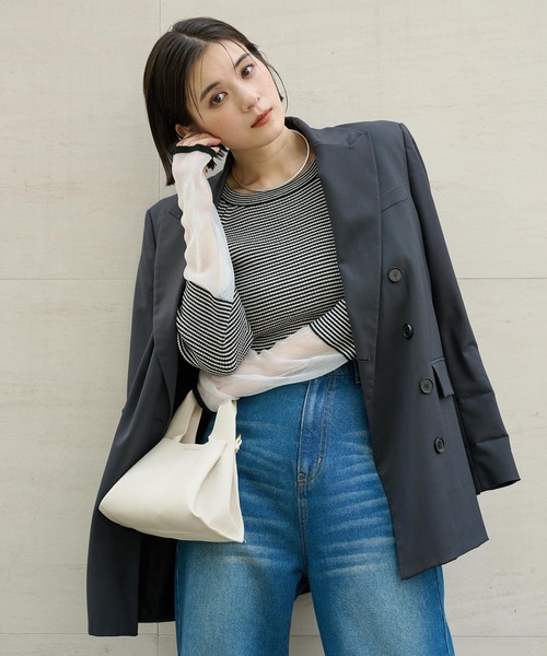 MONO-MART（モノマート）の「＜マシンウォッシャブル/アンチピリング＞袖シアー切替 クルーネックリブニット（ニット/セーター・レディース・ブルー/グレー/オフホワイト/ブラウン/ホワイト系/グレイッシュベージュ/ブラック・FREE）」の12枚目の写真