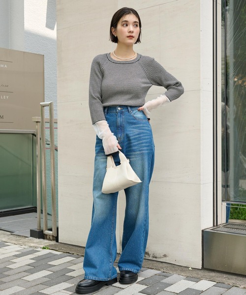 MONO-MART（モノマート）の「＜マシンウォッシャブル/アンチピリング＞袖シアー切替 クルーネックリブニット（ニット/セーター・レディース・ブルー/グレー/オフホワイト/ブラウン/ホワイト系/グレイッシュベージュ/ブラック・FREE）」の14枚目の写真