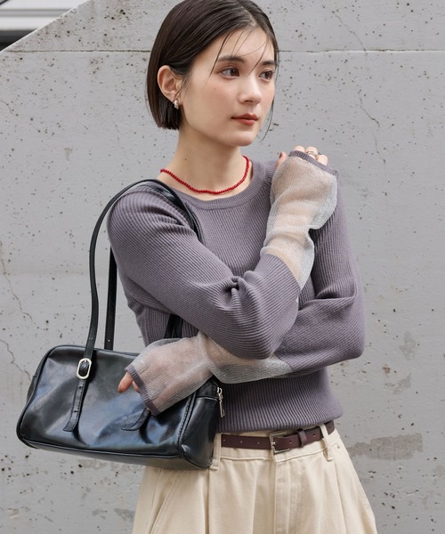 MONO-MART（モノマート）の「＜マシンウォッシャブル/アンチピリング＞袖シアー切替 クルーネックリブニット（ニット/セーター・レディース・ブルー/グレー/オフホワイト/ブラウン/ホワイト系/グレイッシュベージュ/ブラック・FREE）」の16枚目の写真