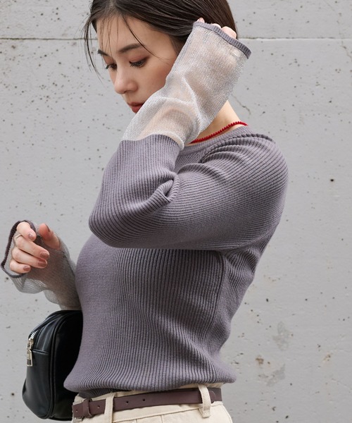MONO-MART（モノマート）の「＜マシンウォッシャブル/アンチピリング＞袖シアー切替 クルーネックリブニット（ニット/セーター・レディース・ブルー/グレー/オフホワイト/ブラウン/ホワイト系/グレイッシュベージュ/ブラック・FREE）」の19枚目の写真