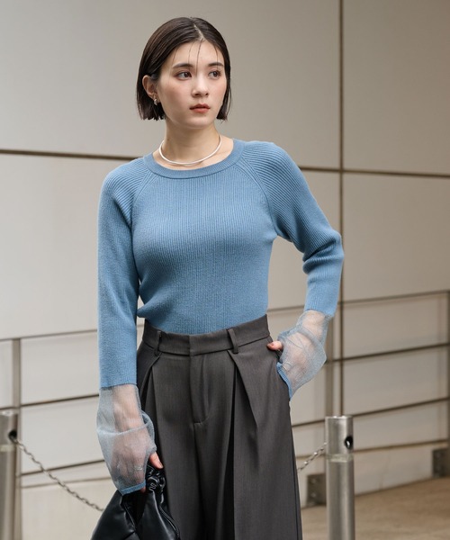 マシンウォッシャブル/アンチピリング＞袖シアー切替 クルーネック