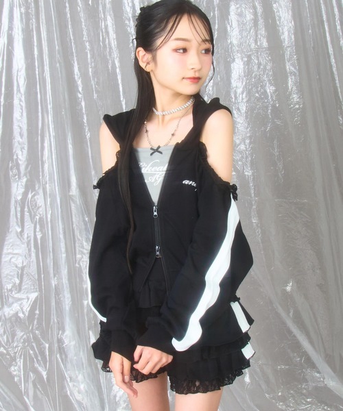 肩アキ パーカー × フリル スカート スウェット セットアップ【キッズ