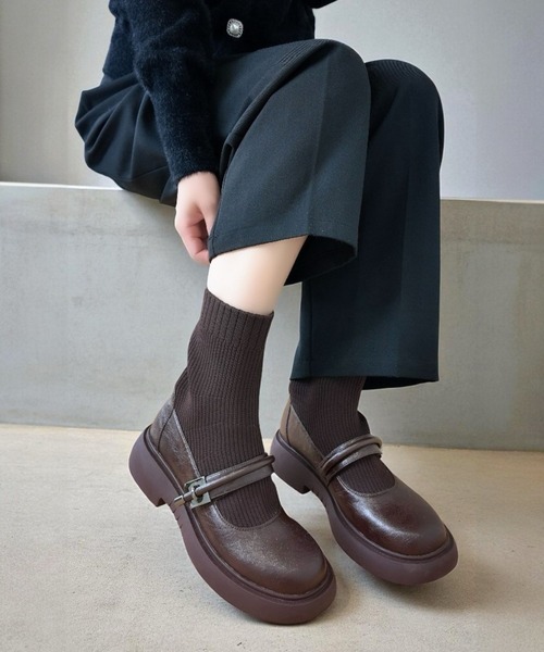 Sugar Sugar（シュガーシュガー）の「厚底 リブ ニット ミドル ブーツ【SUGAR SUGAR シュガーシュガー】8100 ニット ベルクロ（ブーツ・レディース・ブラック/ベージュ/ブラウン・LL/S/M/L）」の3枚目の写真