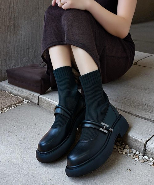 Sugar Sugar（シュガーシュガー）の「厚底 リブ ニット ミドル ブーツ【SUGAR SUGAR シュガーシュガー】8100 ニット ベルクロ（ブーツ・レディース・ブラック/ベージュ/ブラウン・LL/S/M/L）」の2枚目の写真