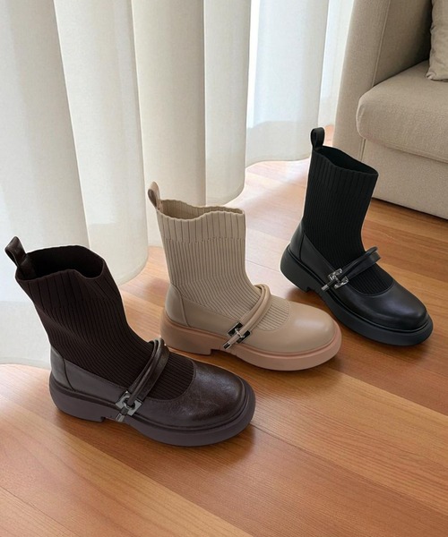 Sugar Sugar（シュガーシュガー）の「厚底 リブ ニット ミドル ブーツ【SUGAR SUGAR シュガーシュガー】8100 ニット ベルクロ（ブーツ・レディース・ブラック/ベージュ/ブラウン・LL/S/M/L）」の6枚目の写真