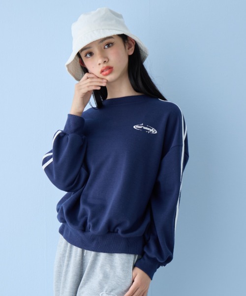 Her Praha レース付きネイビースウェット セール】さがら刺繍ロゴ袖ラインプルオーバー/トレーナー（スウェット