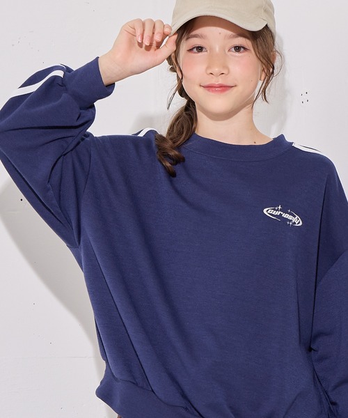 Her Praha レース付きネイビースウェット セール】さがら刺繍ロゴ袖ラインプルオーバー/トレーナー（スウェット