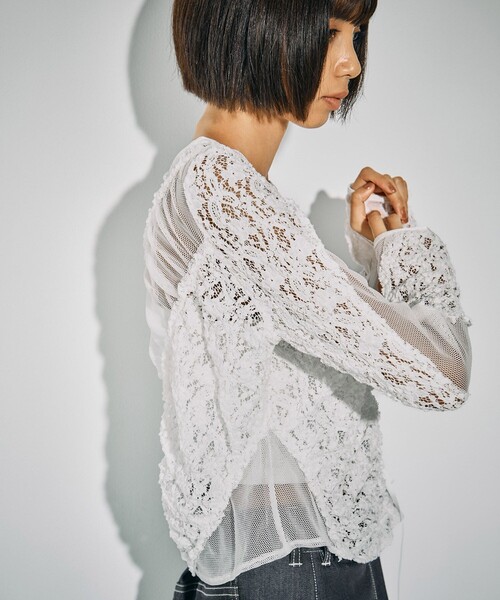 MIXレースストレッチトップス｜ウォッシャブル/細見え/シアートップス