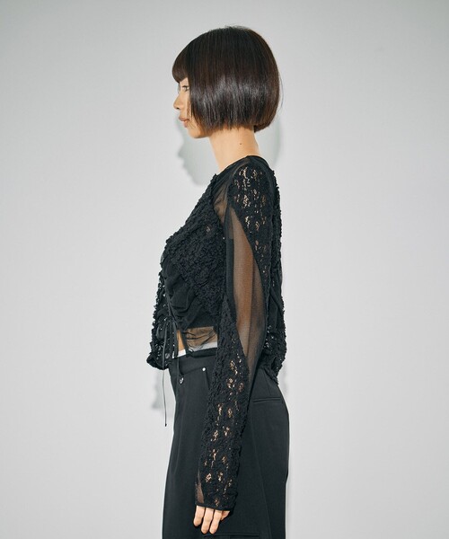 UNITED TOKYO（ユナイテッドトウキョウ）の「【残りわずか！】MIXレースストレッチトップス｜ウォッシャブル/細見え/シアートップス/秋服（Tシャツ/カットソー・レディース・ブラック/ホワイト・FREE）」の18枚目の写真