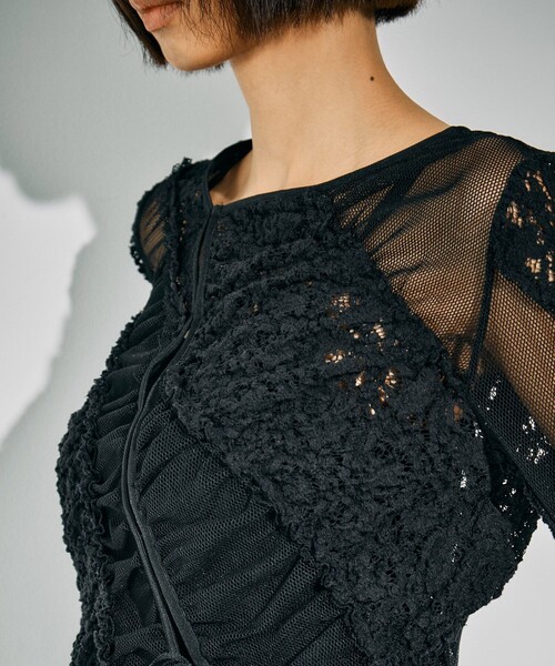 UNITED TOKYO（ユナイテッドトウキョウ）の「【残りわずか！】MIXレースストレッチトップス｜ウォッシャブル/細見え/シアートップス/秋服（Tシャツ/カットソー・レディース・ブラック/ホワイト・FREE）」の9枚目の写真