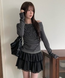 ボーダーホルターレイヤードレタリングオフショルダー長袖Tシャツ