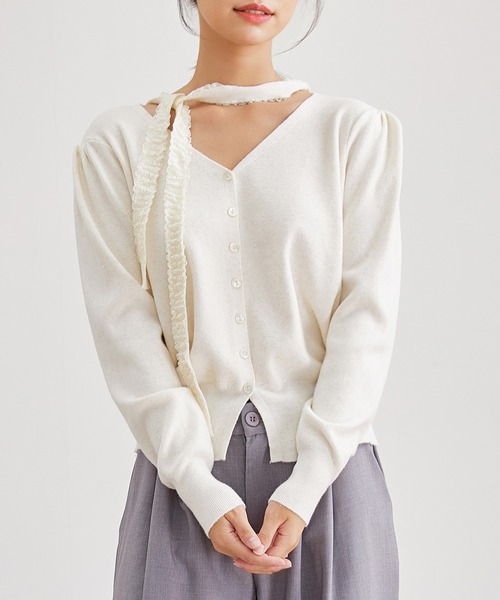 Lace Ladies(レースレディース)の「Vネック チョーカーリボン 肩ギャザー ニット トップス(ニット/セーター・レディース・ブラック/アイボリー・FREE)」の8枚目の写真