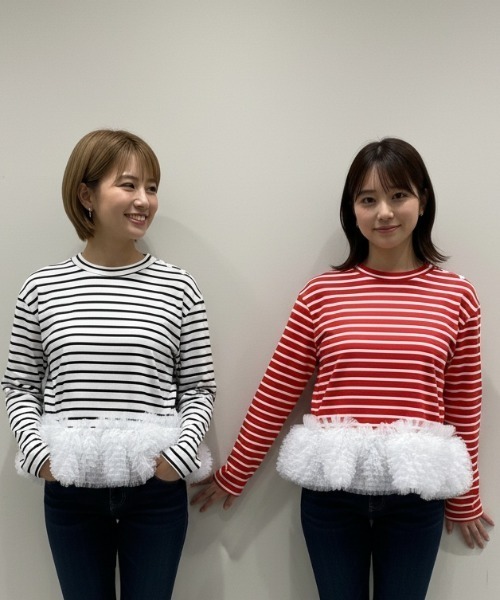 Lateru(ラテル)の「フリルチュールボーダーロン Tシャツ シュプレムとカジュアルの融合 オンリーワンなアクセントトップス(Tシャツ/カットソー・レディース・ホワイト×ブラック/レッド・FREE)」の18枚目の写真