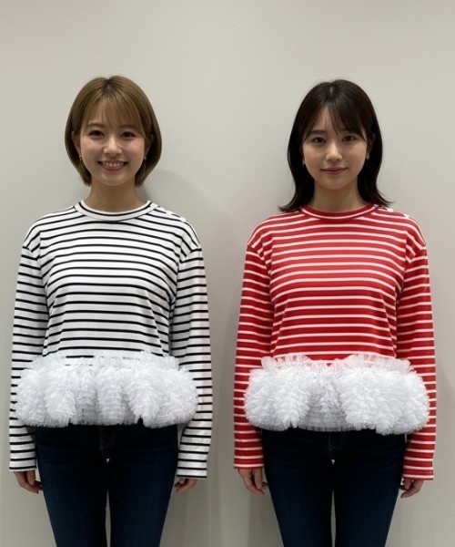 Lateru(ラテル)の「フリルチュールボーダーロン Tシャツ シュプレムとカジュアルの融合 オンリーワンなアクセントトップス(Tシャツ/カットソー・レディース・ホワイト×ブラック/レッド・FREE)」の19枚目の写真