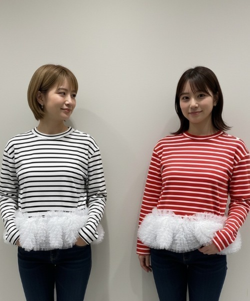 Lateru(ラテル)の「フリルチュールボーダーロン Tシャツ シュプレムとカジュアルの融合 オンリーワンなアクセントトップス(Tシャツ/カットソー・レディース・ホワイト×ブラック/レッド・FREE)」の20枚目の写真