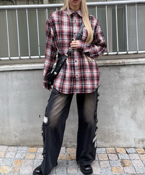 Figments（フィグメンツ）の「OLDチェックビッグシャツ（シャツ/ブラウス・レディース・ブルー/レッド系その他・FREE）」の4枚目の写真