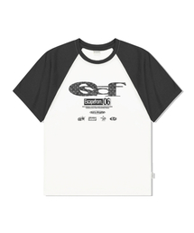 スターデニムESCFロゴコラージュプリントラグラン配色半袖チャコール