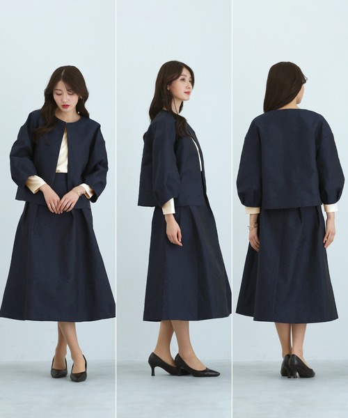 White Collection(ホワイトコレクション)の「【 セットアップで映える 】 マットジャガード・ランタンスリーブジャケット(ノーカラージャケット・レディース・ネイビー/ブラック・L/M/S)」の14枚目の写真